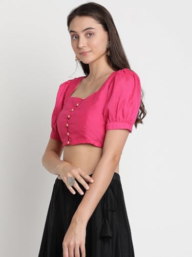 Image of studio rasa Women's Silk Blend Printed V-Neck Padded Readymade Top for Festive Party Wedding