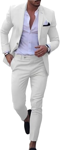 Men's Mens 2 Piece Linen Groosmen Suits Set Slim Fit Blazer Jacket and Pants for Wedding Business Prom