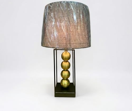 Image of Luxury Modern Table Lamp with Gold Spherical Accents - Contemporary Metal Frame Bedside Light for Living Room, Bedroom & Office - Textured Fabric Drum Shade (Antique Gold & Charcoal)