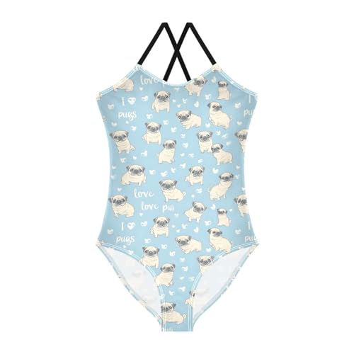 ALAZA Pug Dog Blue Cartoon Girls Swimsuit Bathing Suit Beach Swimwear One Piece 3-10T