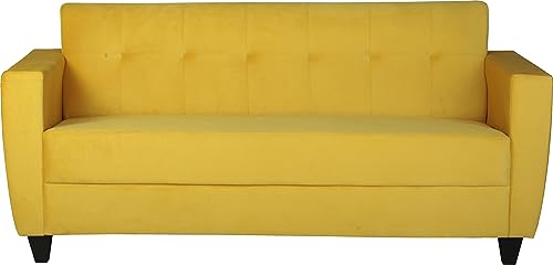 Image of Velvet Fabric & Wooden 3 Seater Sofa with Cushions for Living Room Office and Hotel Furniture (Yellow, 3 Seater)