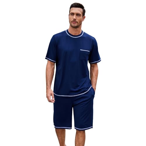 Mens Pajama Set, Soft Short Sleeve Lounge Set Pullover Pjs 2 Piece Outfits with Pocket