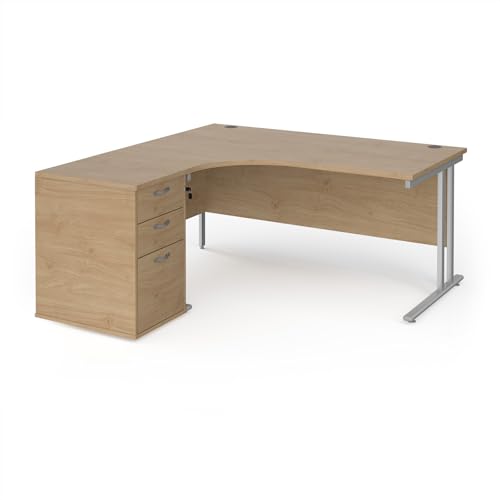 Image of Mr Office Maestro 25 left hand ergonomic desk with silver cantilever frame and desk high pedestal bundle, Kendal Oak, 1600