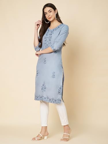 Image of Women's Chikankari-Lucknowi Embroidered Work | Knee Length | Round Neck | Cotton Fabric | Straight Kurta