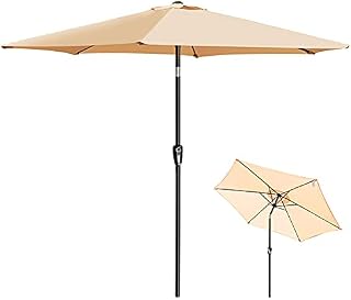 Masthome 2.7m Garden Umbrella Parasol, Outdoor Umbrellas with Crank Handle and Tilt, Sun Shade Parasols with 6 Ribs for Beach, Patio, Deck, Backyard and Pool-Ivory, UV50, Champagne
