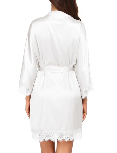 Image of Ekouaer Womens Silk Robes Short Lace Trim Satin Bride Bathrobe with Pockets