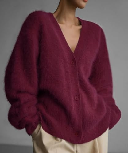 Image of Womens Fuzzy Sweaters Cardigan V-Neck Button Down Oversized Mohair Sweater Casual Y2k 2026 Fall Winter