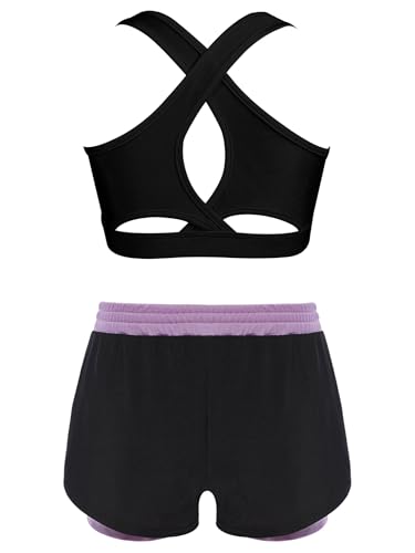 Kids Girls 2 Piece Sports Outfits Crop Tank Top Training Bras With 2 In 1 Double Layer Shorts For Workout Light Purple 14 Years2