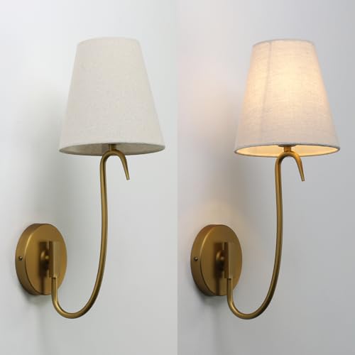 Image of Swan Neck Wall Sconce Fixture 1-Light with Linen Fabric Shade, Indoor Hardwired Rustic Boho Wall Light for Living Room Bedroom Bedside Nightstand Light