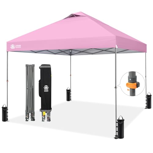 Image of CROWN SHADES Adjustable Height on The Fly, 10x10 Pop Up Canopy - Beach Tent with One Push Setup - Easy Outdoor Sun Shade for Events, Parties, Camping - Outside Shade with STO-N-Go Bag, Pink