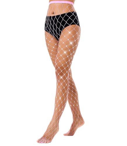 Shinny Fishnet Tights Glitter Hosiery Sparkly Large Mesh Stockings High Waist Pantyhose Rhinestone Fish net Leggings