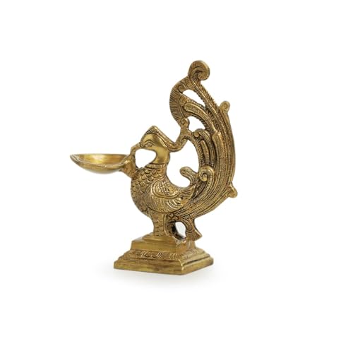 Image of ExclusiveLane 'Marvellous Peacock' Brass Table Diya for Puja Room Mandir (Pure Brass, 7 Inch, 0.8 Kg) | Hand-Etched Ghee Diya for Puja Aarti Diyas Table Diyas for Home Decoration