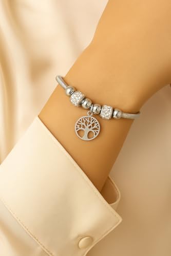Image of I Jewels Fashion Stylish Silver Plated Adjustable Charm Bracelet with Stone Beads for Women
