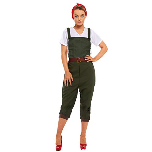 SoWest Womens Land Girl Dungarees Fancy Dress Costume Vintage Wartime Jumpsuit with Top & Headscarf | 1940s WW2 Style Workwear Overalls | Retro Pockets Playsuit Outfit Green - S