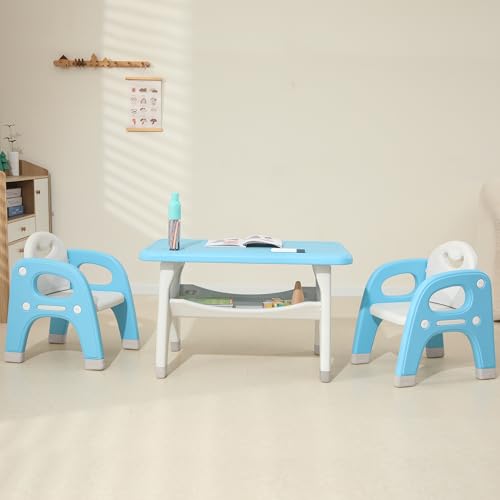 SINKIPA Juego de mesa y 2 sillas para niños, juego de mesa de actividades para niños pequeños con estante de almacenamiento, juego de mesa y sillas para niños pequeños con fundas antideslizantes para