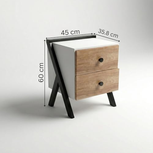 Image of FFO Modern Bedside Table with 2 Drawers | Wooden Nightstand with Metal Frame Legs | Compact Side Table for Bedroom | Storage Organizer Cabinet (60 x 35.8 x 45 cm).