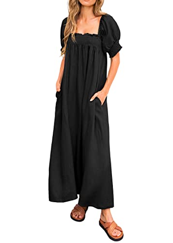 KIRUNDO Women 2026 Summer Maxi Dress Casual Loose Puff Sleeve Square Neck Maternity Flowy Long Beach Dresses with Pockets(Black, Large)