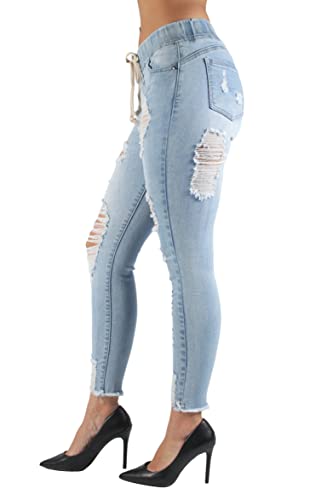 Fashion2Love Women's Juniors/Plus Size Elastic Waist Ripped Distressed Denim Jogger (2030)2
