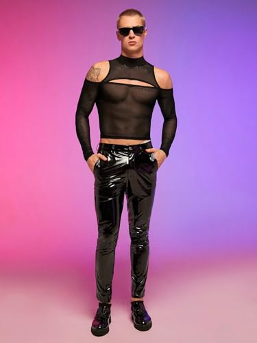 WDIRARA Men's Cut Out Front Mesh Sheer Mock Neck Long Sleeve Bodycon Party Blouse Tops4