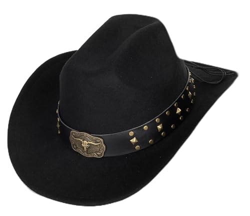 Premium Western Cowboy Hat for Men & Women Wide Brim Felt Fedora Jazz Style Cap Stylish Unisex Cowgirl Costume Accessory for Parties Rodeos and Fashion Events (Black Size S-M)