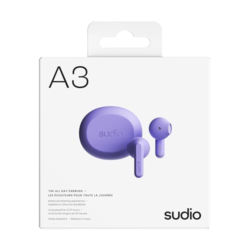 Image of Sudio A3 All-Day Wireless Earbuds - 25H Playtime, Bluetooth 5.4, Sweat & Splashproof, Balanced Sound, Clear Calls with Enhanced Mics, USB-C Charging, Made from Recycled Plastics (Purple)