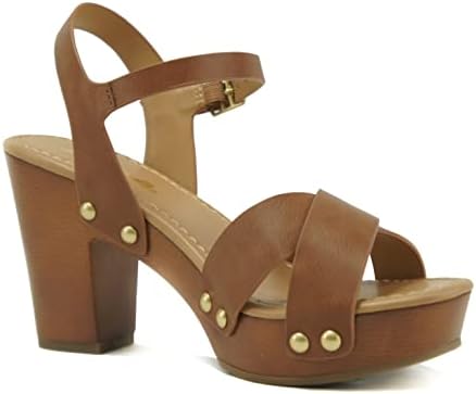 Soda MIGUEL ~ Women Crisscross Band Fashion Chunky Platform Block Mid Heel Sandal with Ankle Strap and Stud (7.5, TAN PU, numeric_7_point_5) | Image 3
