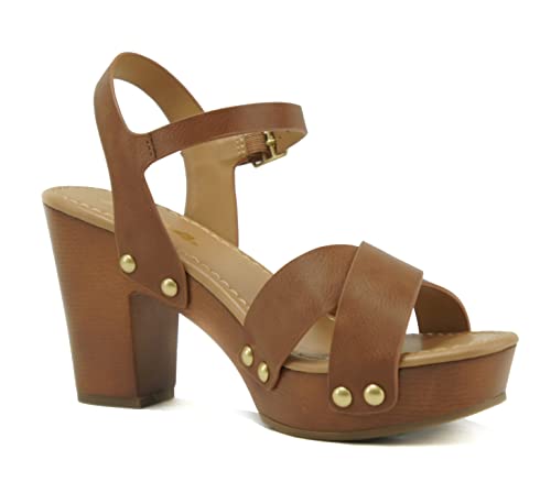 Soda MIGUEL ~ Women Crisscross Band Fashion Chunky Platform Block Mid Heel Sandal with Ankle Strap and Stud4
