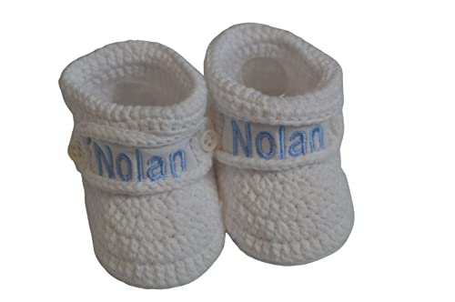 Personalized Newborn Baby Boy Crochet Booties, Monogrammed Baby Boy Coming Home Crib Shoes
