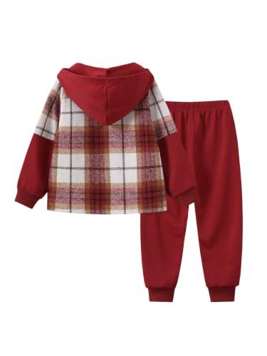Image of 2Pcs Kids Boys Flannel Plaid Shirt Tops Pants Set Hoodie Sweatsuit for Fall Winter Spring Outfits 4-12 Years