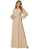 Ever-Pretty Vestido de Fiesta Largo Plisado sin Elasticidad A-línea Corte Imperio Chiffón para Mujer Elegantes Champán 38