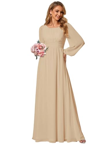 Image of Ever-Pretty Women's Crewneck Long Lantern Sleeves Floor Length A-Line Pleated Chiffon Formal Dress 0106B
