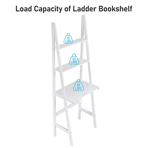 Itaar 3-Tier Ladder Desk, Ladder Stand Shelf Bookcase with Storage Shelves, Study Wall Shelf with Wooden Frame, Modern Ladder Computer Desk and Bookshelf for Home Office, White