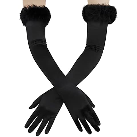 JIAHG Women’s Stretchy Satin Elbow Gloves with Feather for 1920s Evening Party Halloween Costume Fancy Dress Opera Gloves Cover