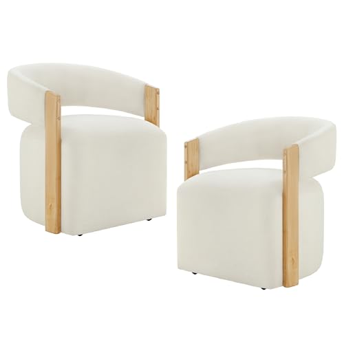 Image of KISLOT Upholstered Dining Chairs with Casters, Modern Barrel Side Armchair with Rollers & Wooden Armrest for Dining Room, Bedroom, Kitchen, Reading Room, Beige, Set of 2