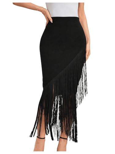 OYOANGLE Women's Fringe Trim Asymmetrical Hem High Waisted Party Pencil Long Maxi Skirts