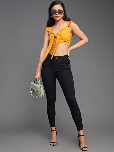 Image of Miss Chase Women's Skinny High Rise Cropped Length Fringe Detailing Stretchable Denim Jeans
