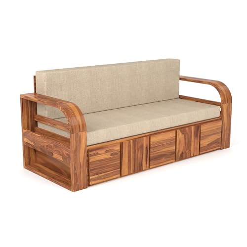 Image of Mamta Furniture Solid Sheesham Wood Sofa Cum Bed with Storage for Living Room Bedroom | Wooden Diwan Sofa Set with Mattress Support | Honey Finish Durable Design