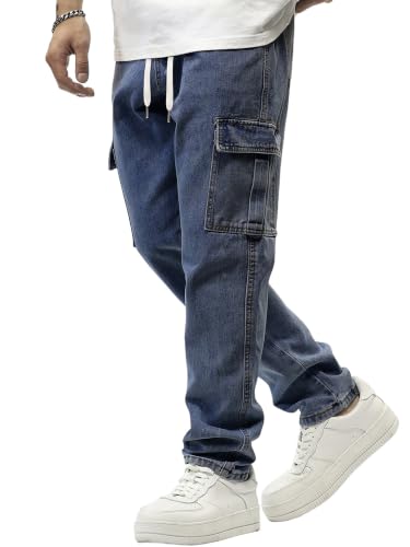Image of JMIERR Men's Elastic Waist Cargo Jeans Stretch Denim Pants with Drawstring Straight Leg for Casual Daily Wear