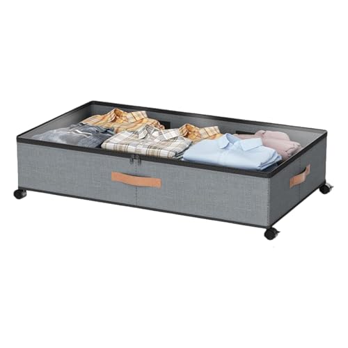 Almacenamiento rodante debajo de la cama, gran bandeja de almacenamiento con tapa de perfil bajo | Solución compacta de organización del hogar, debajo de la cama para ropa, zapatos, sábanas