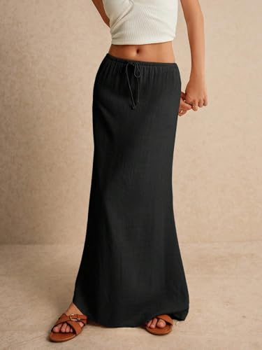 Women's 2025 Summer Casual Long Skirts Solid Color Drawstring Skirt3