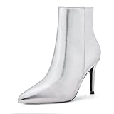 Elisabet Tang stylish fall winter heeled ankle boots for women 3.14 inch - Cute closed toe pointy stiletto booties for work party travel silver 7