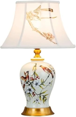 HTsilphelene Ceramic Bedside Lamps,Table Lamps White Fabric Shade European Bird Painting Nightstand Light for Living Room, Bedroom, Office Desk Lamp (Whtie)