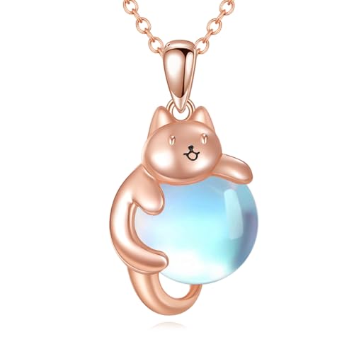 925 Sterling Silver Moonstone Cat Necklace for Women Cat Pendant Necklace 18K Rose Gold Plated Jewelry Gift for Cats Lovers Anniversary Birthday Gift for Her