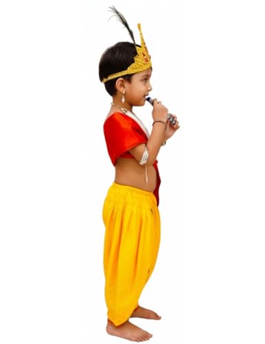 Image of BookMyCostume Polyester Krishna Yellow Costume Dhoti & Red Patka with Light Pearl Jewellery and Mukut Set - Janmashtami Dress Costume for Baby Kanha Laddu Gopal - Boys & Girls 6-12 Months