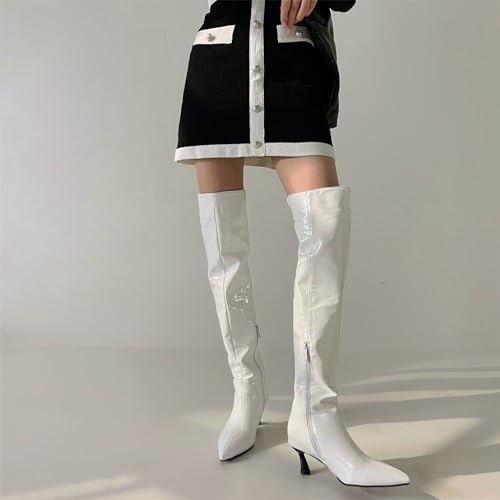 Betastella Women's Low Kitten Heel Thigh High Boots Patent Leather Pointed Toe Over The Knee High Boots4
