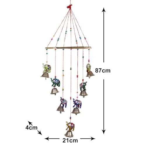 Image of Bindian Handcrafted Rajasthani Wind Chime with Bells, Multicolour, 72x23 cm, Traditional Wall Hanging for Home, Garden & Balcony (Elephant-2)