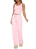 BONITEE Two Piece Lounge Set for Women Pink Pajamas Sets Slim Fit Crop Tank Tops Sexy Square Neck Loungewear Casual Sweatsuits L
