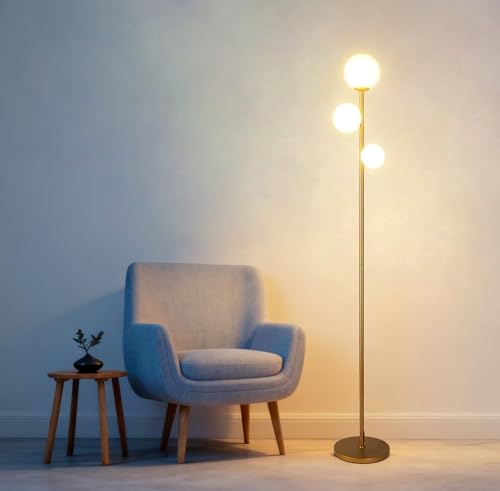 Fiqevs 3 Globe Mid Century Modern Floor Lamp for Living Room, Gold Standing Lamp with Frosted Glass...