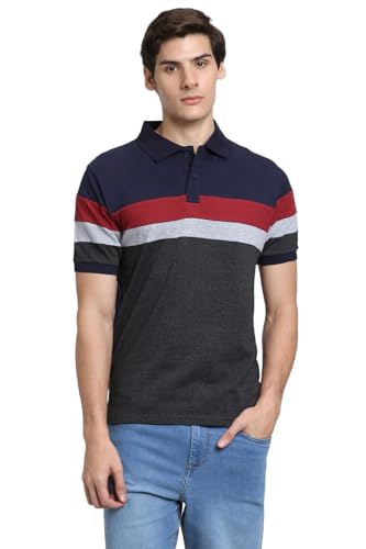 Image of Dennis Lingo Men's Cotton Stripes Regular Fit Mandarin Collar Short Sleeve Polo Tshirt