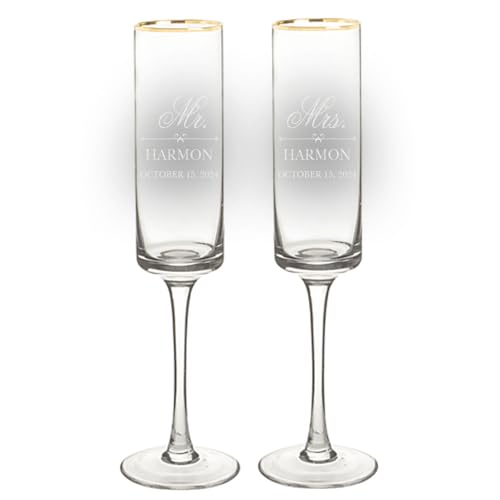 Personalized Gold Rim Champagne Flutes, Set of 2, 8oz. Wedding Ch...